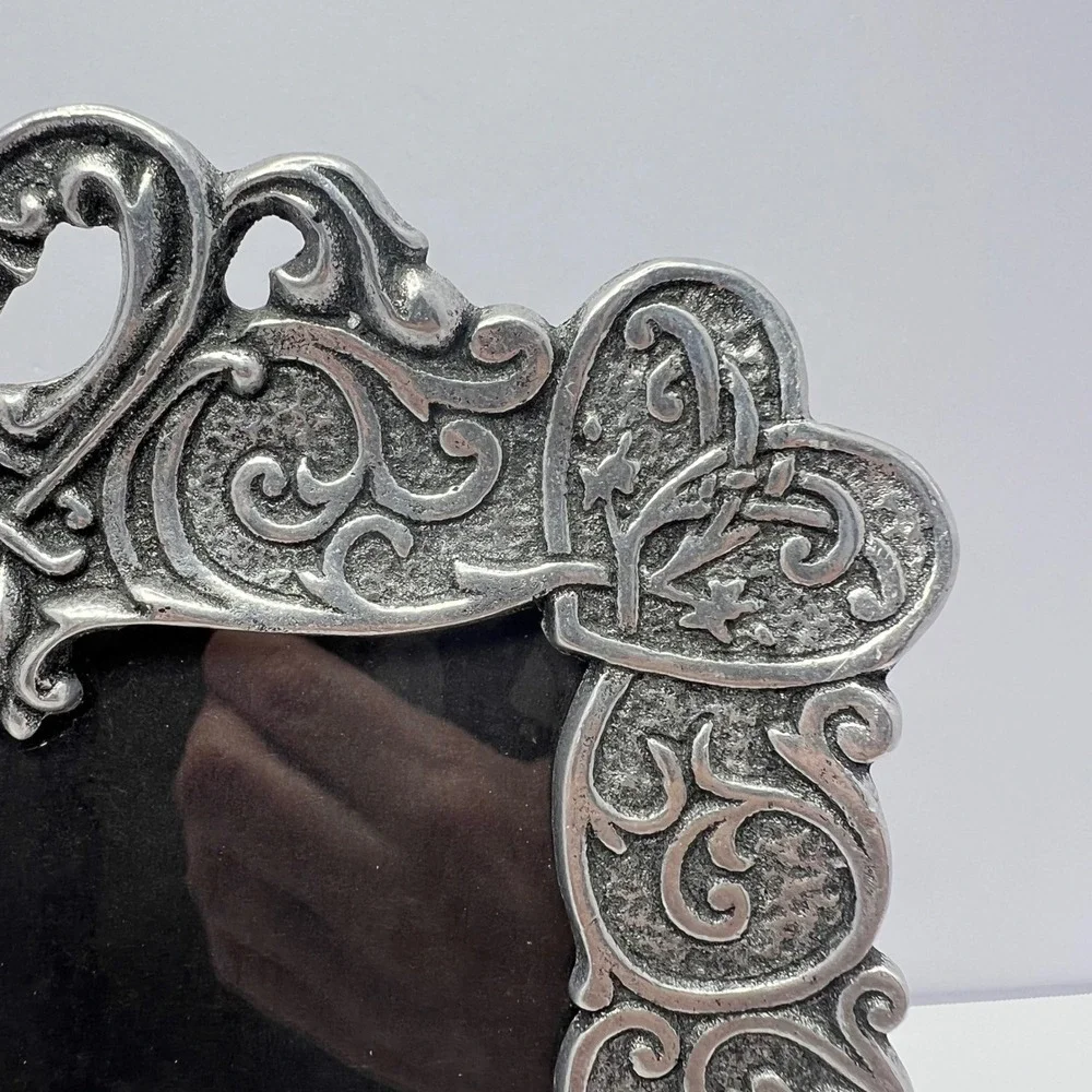 Vintage Pewter Filigree Heart Frame 5x7 Photo Ornate Celtic Knot Openwork Vtg